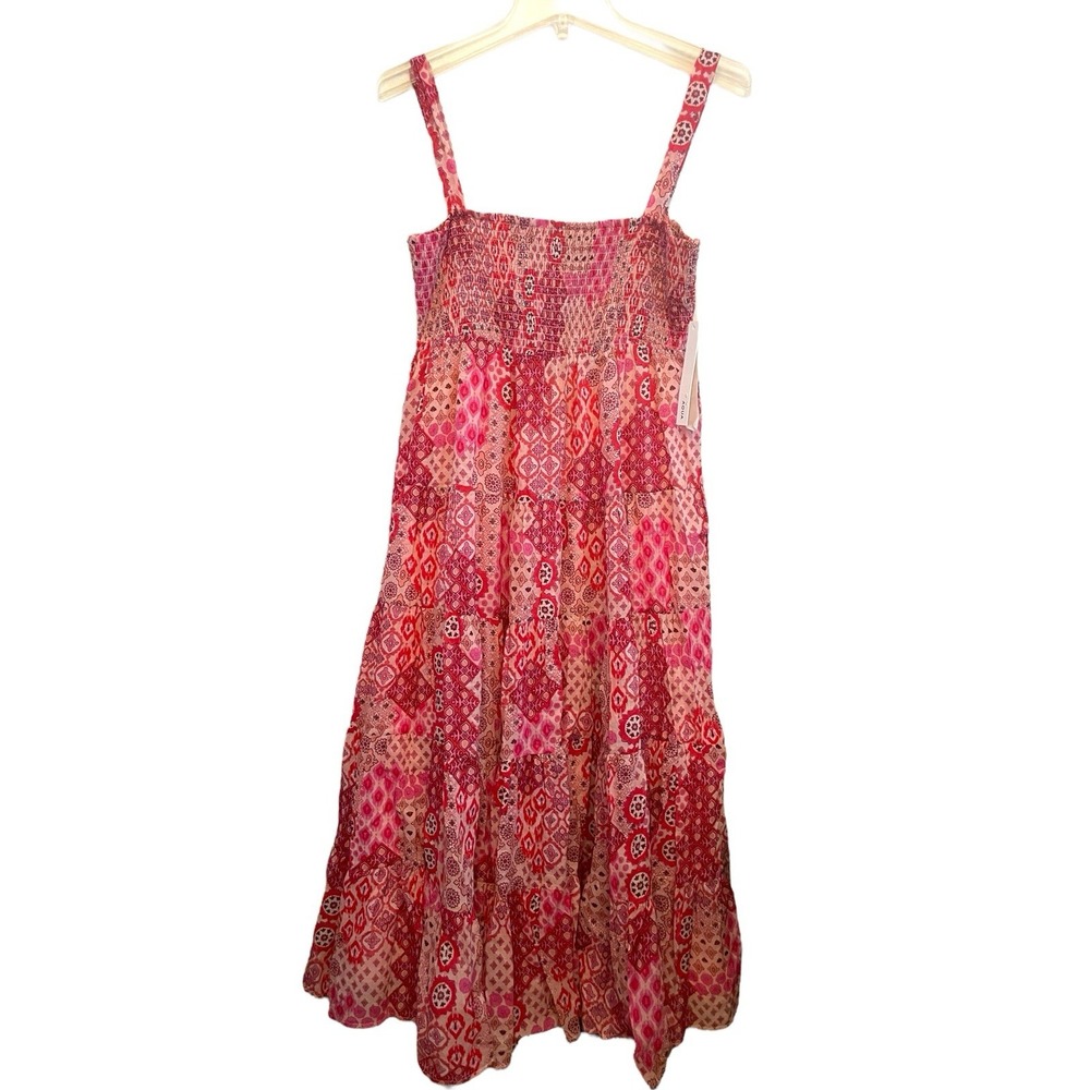 Aqua Sleeveless Smocked Tiered Midi Dress Size Medium Pink Red Patchwork NWT